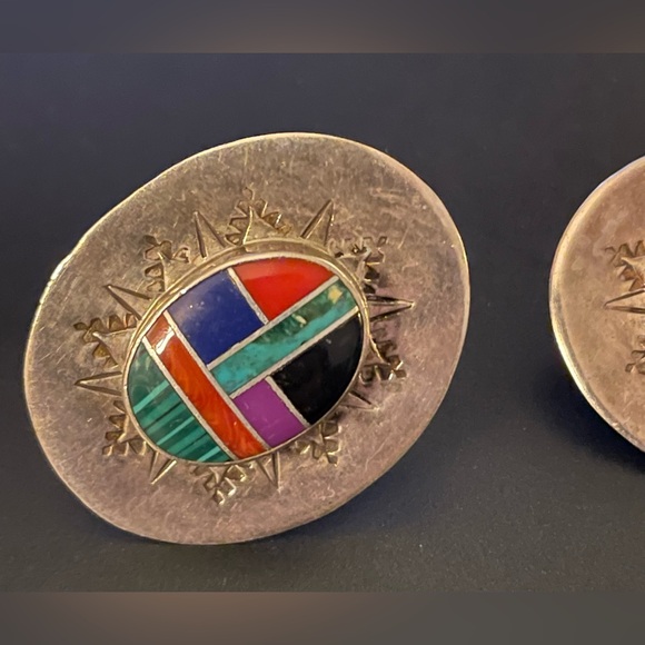 Sterling Silver Southwestern Style Clip Back Earrings with Colored Stone Inset - Picture 5 of 6